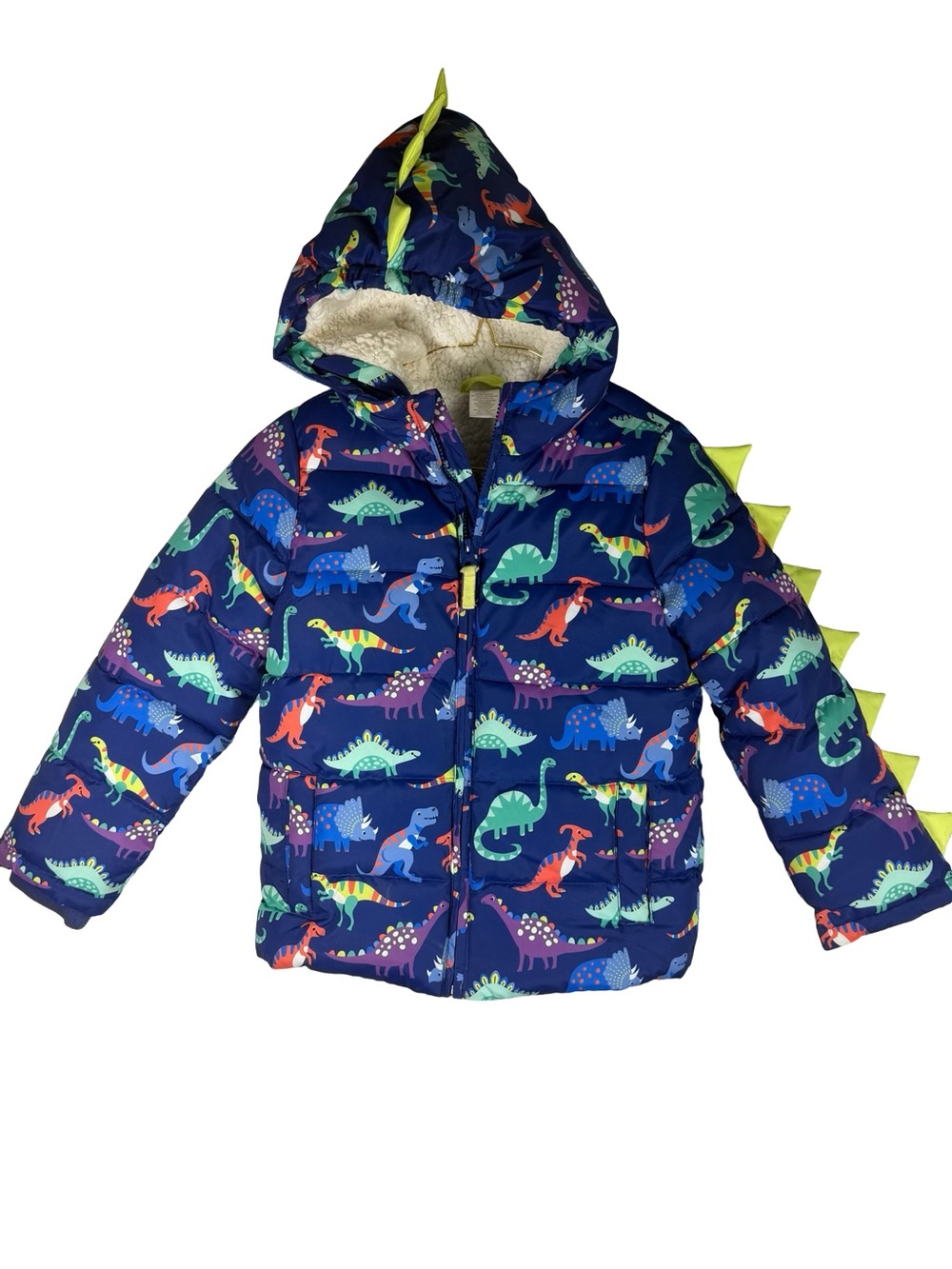Gymboree Boys Dinosaur Navy Blue Sherpa Lined Hooded Winter Coat Jacket Size 7